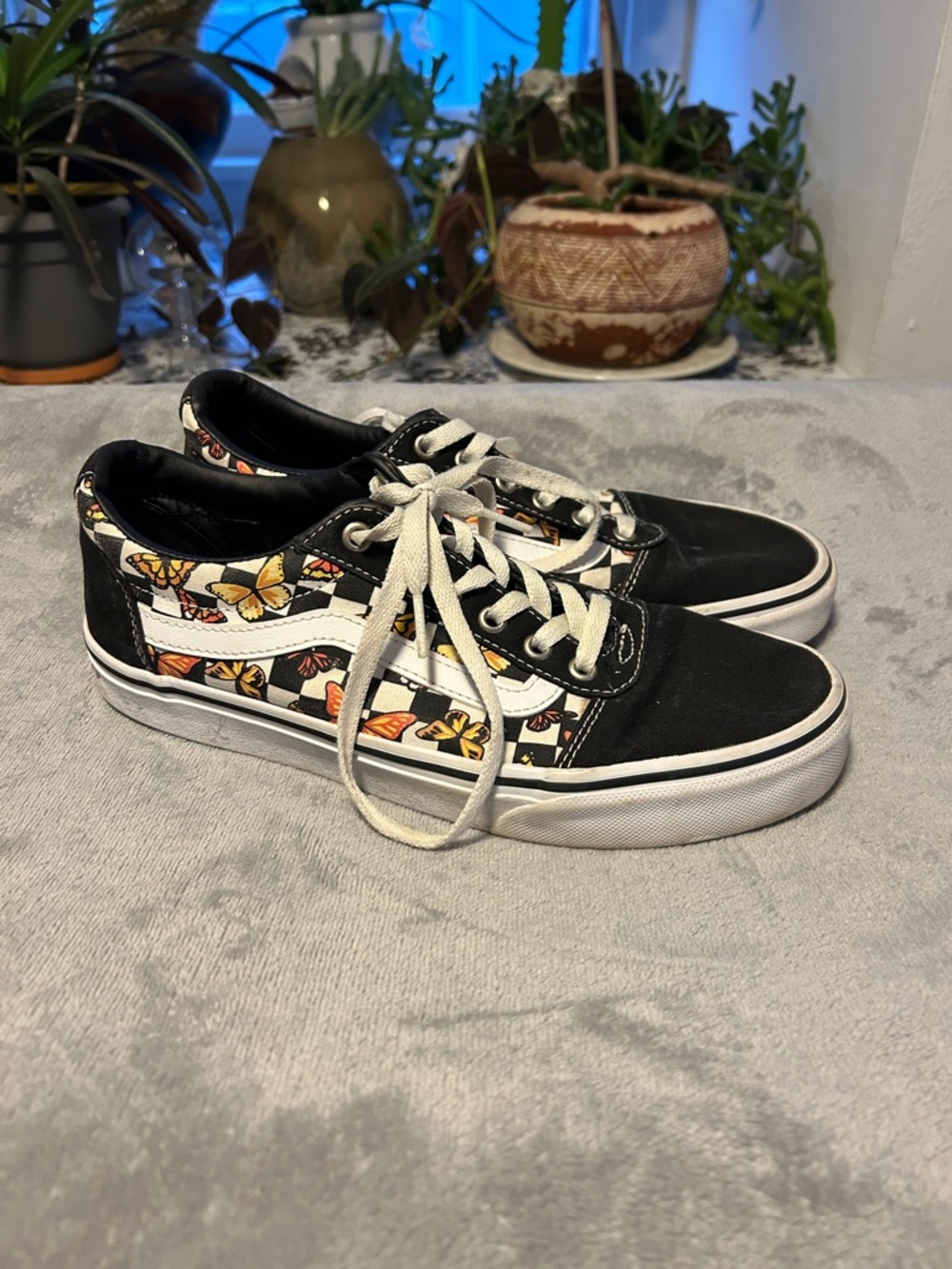 Vans Woman Black Canvas Old Skool Sneakers with Yellow & Orange Butterfly Panels
